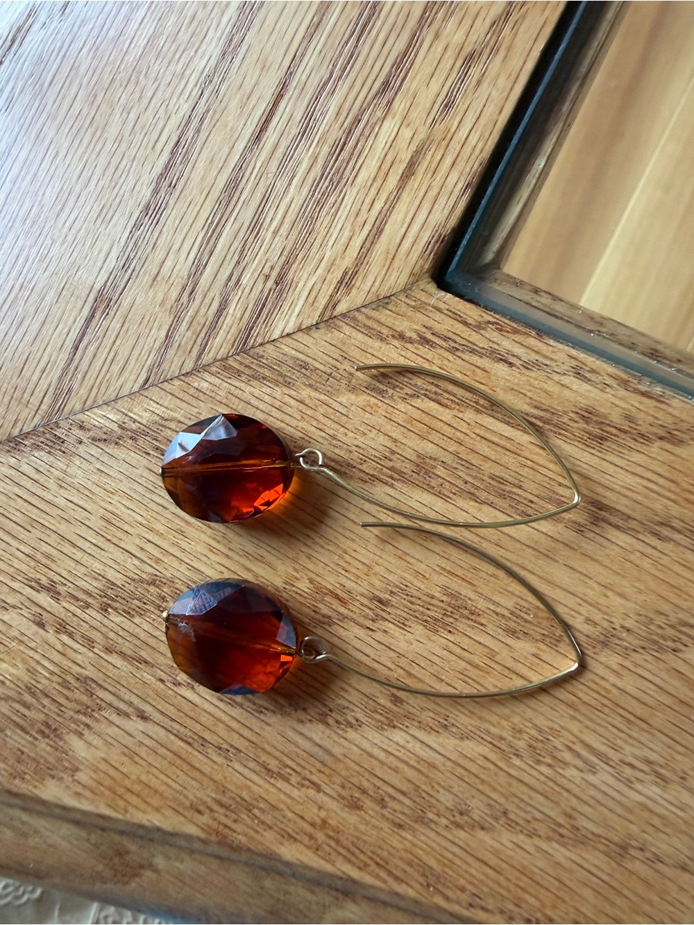 Faceted Amber Glass Drop Earrings with Gold Wires